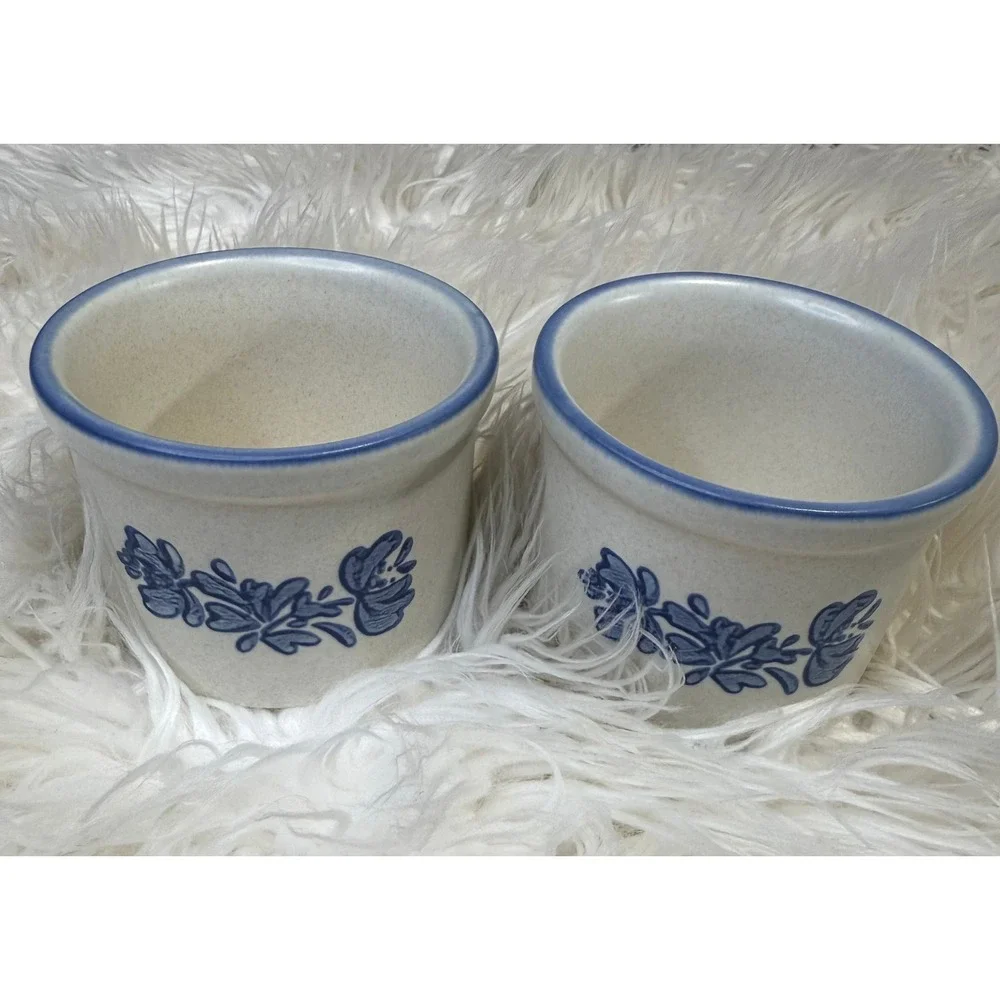 Pfaltzgraff Yorktowne Ramekin Set 2 Custard Cups Blue Floral Stoneware USA Made